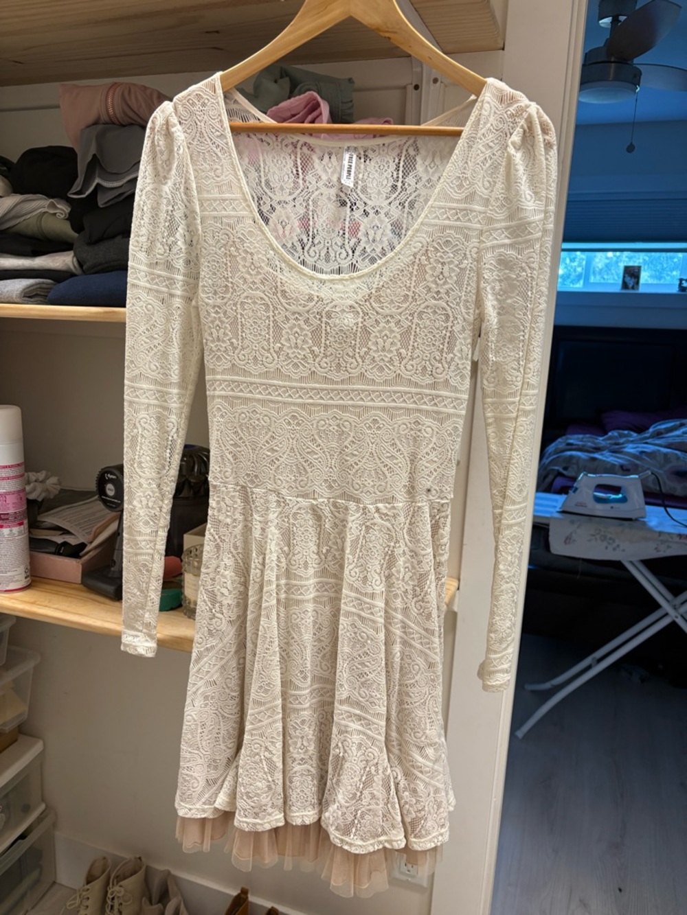 Free People Cream Lace Long Sleeve Skater Dress